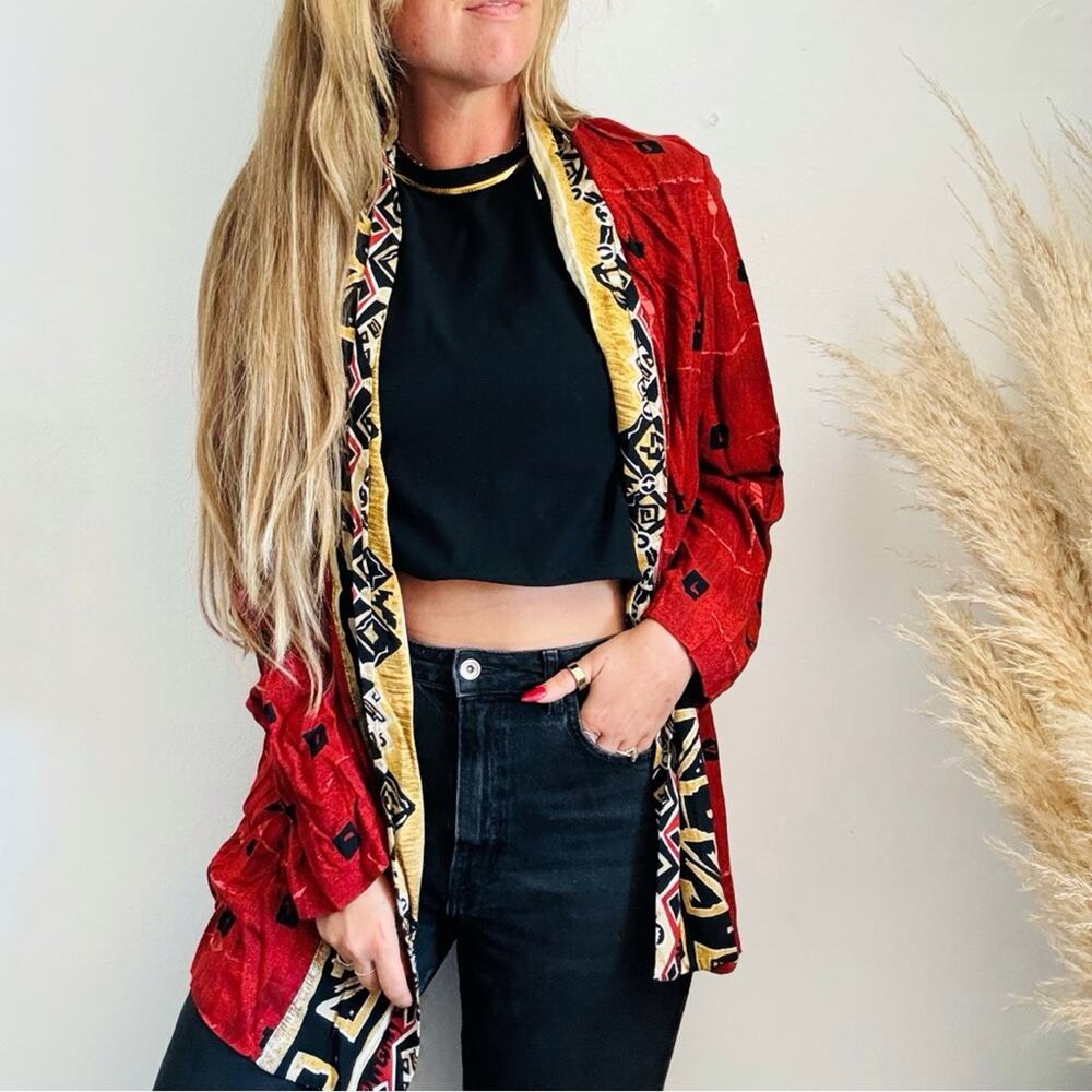 VINTAGE MELROSE Red Cream Gold Black Stripe Print Open Kimono Sweater Jacket L